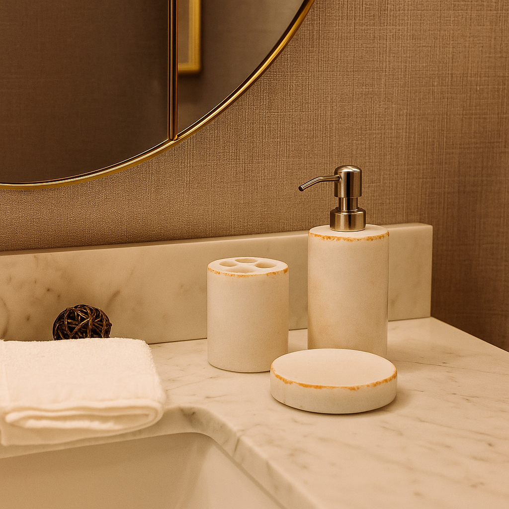 White marble bath accessories set in elegant bathroom