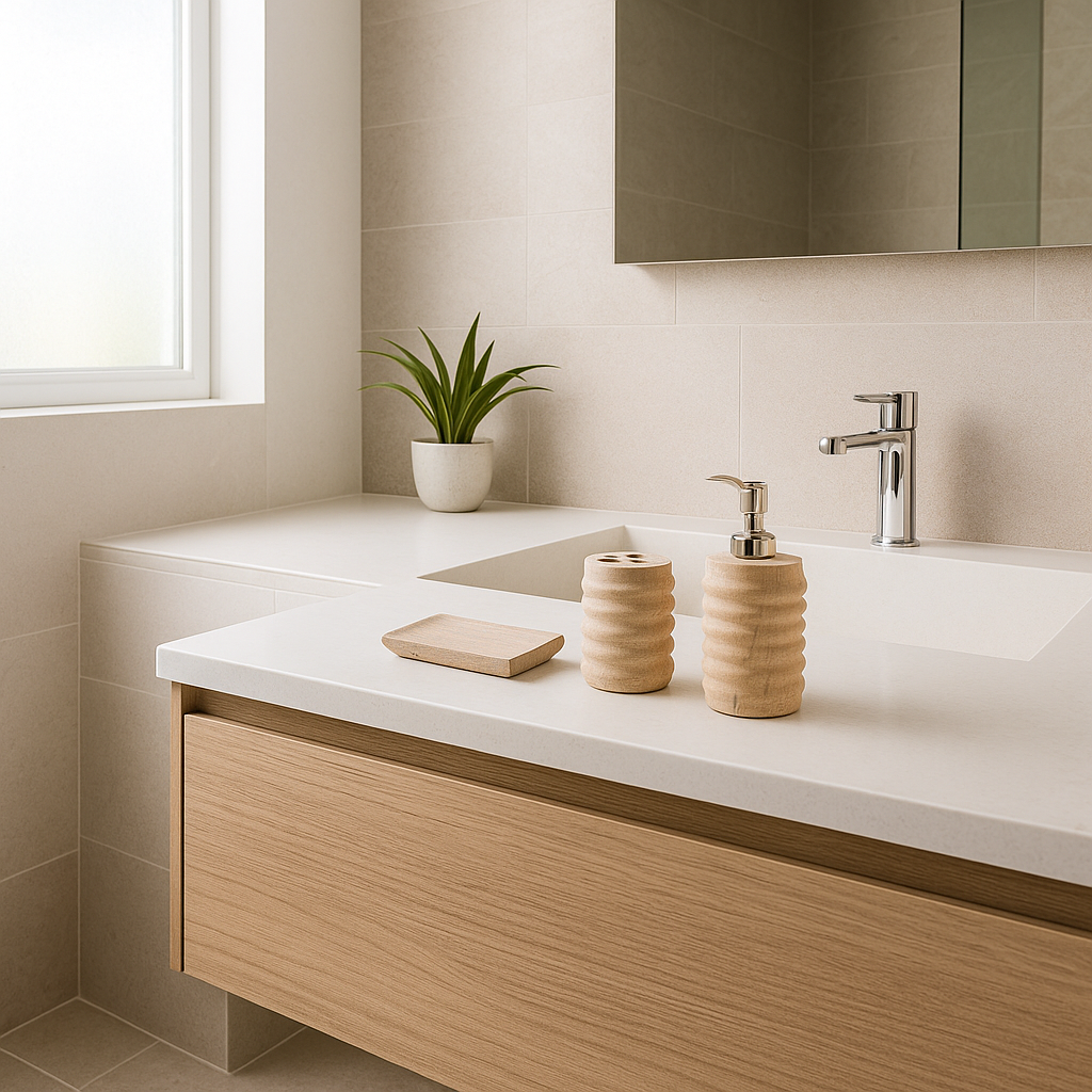 Sandstone ribbed bath accessories in minimalist bathroom