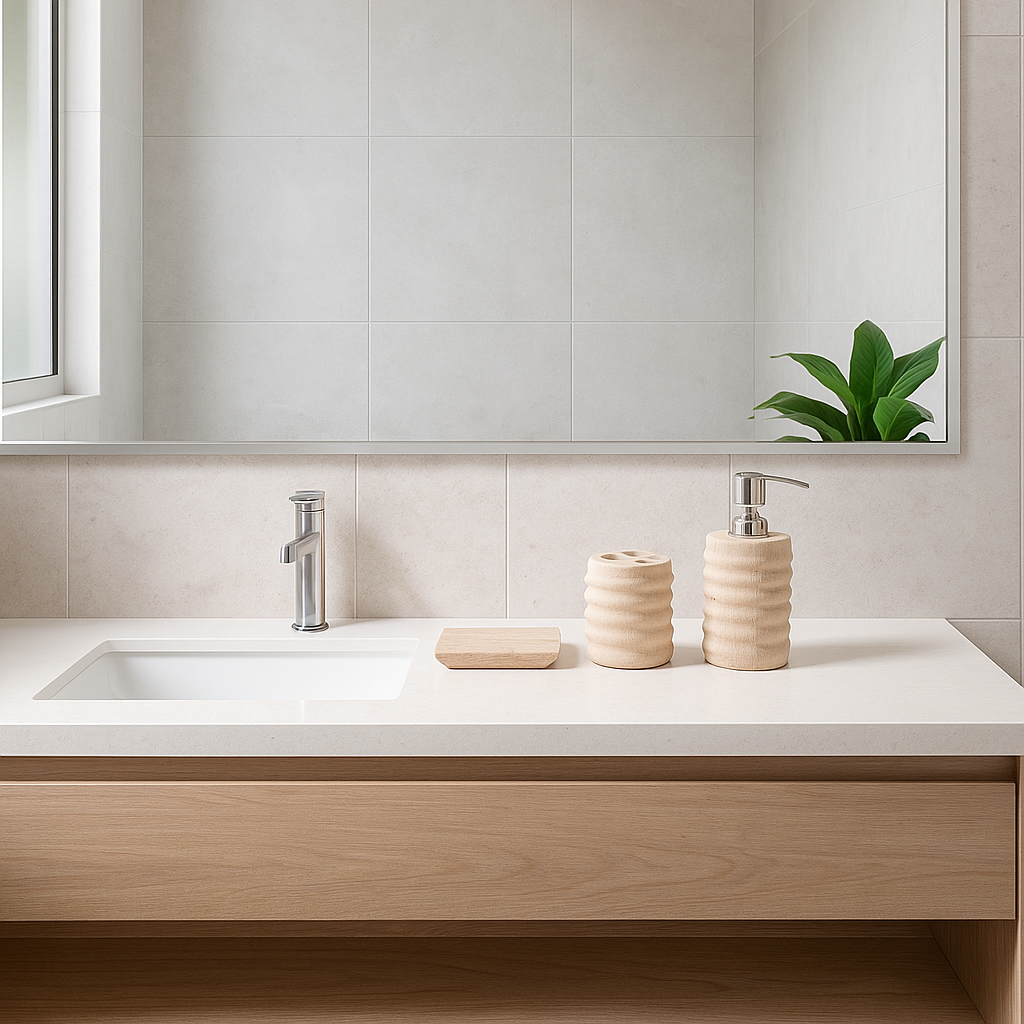 Sandstone ribbed bath accessories set with ribbed texture detail