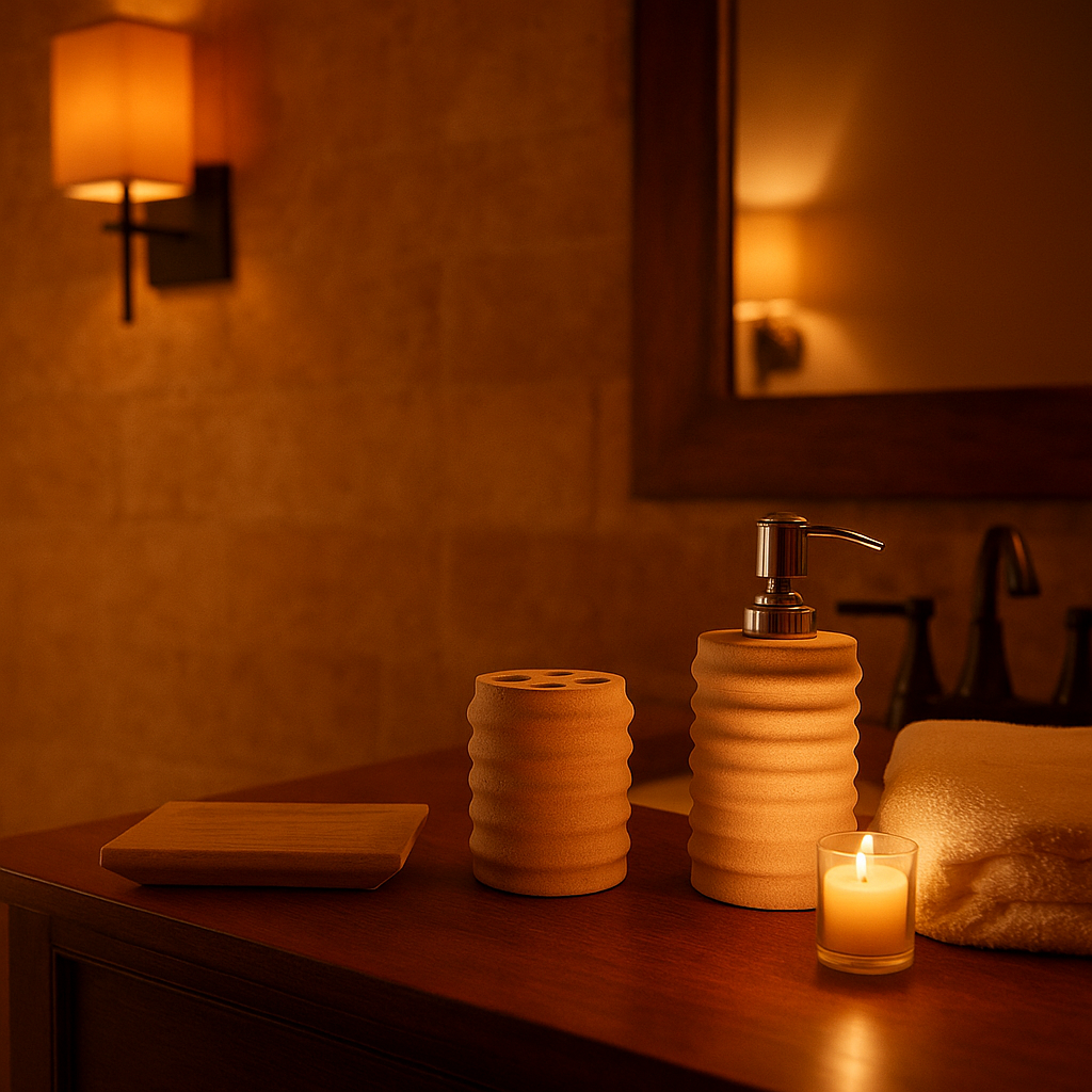 Sandstone bath set displayed on luxury bathroom vanity