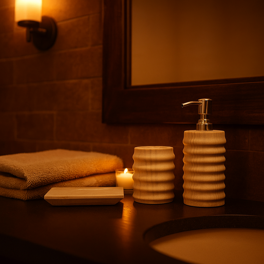 Sandstone ribbed bath accessories set luxury display