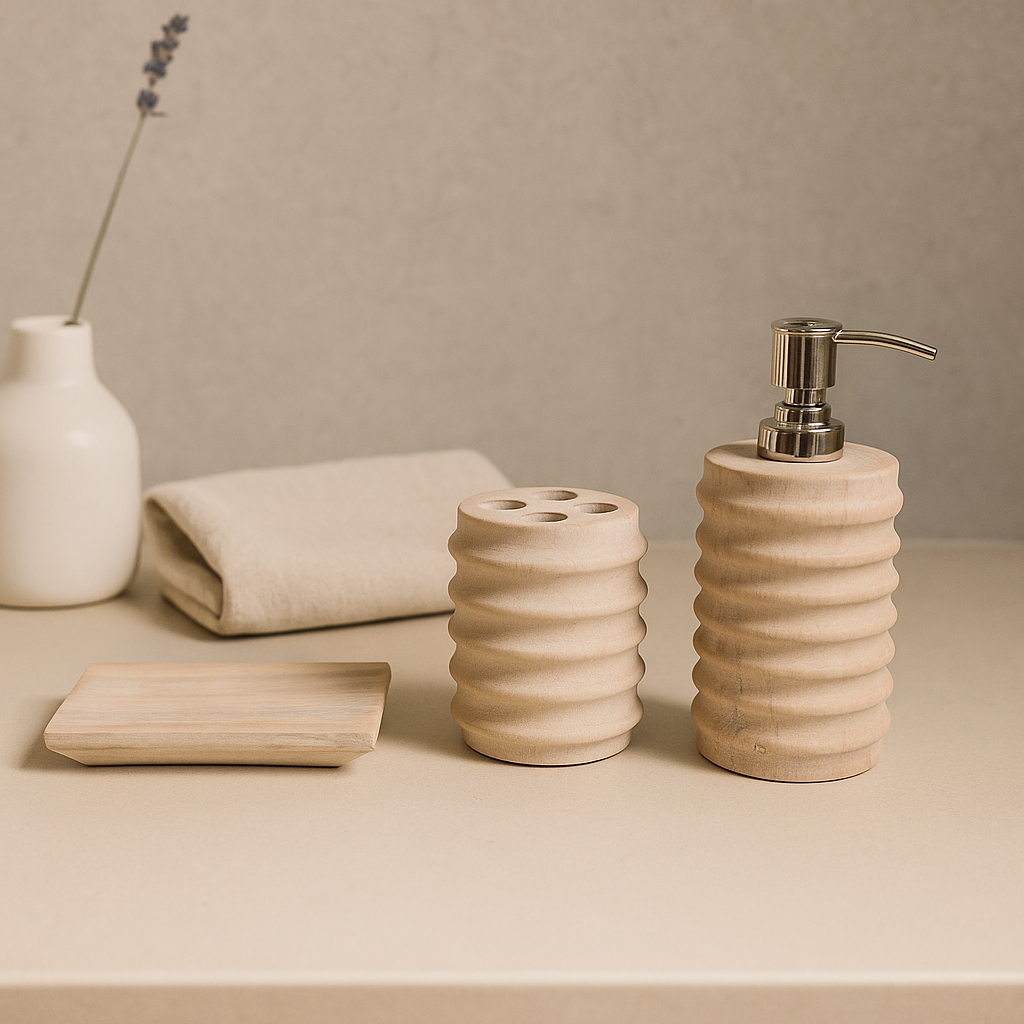 Sandstone ribbed bath accessories set flat lay