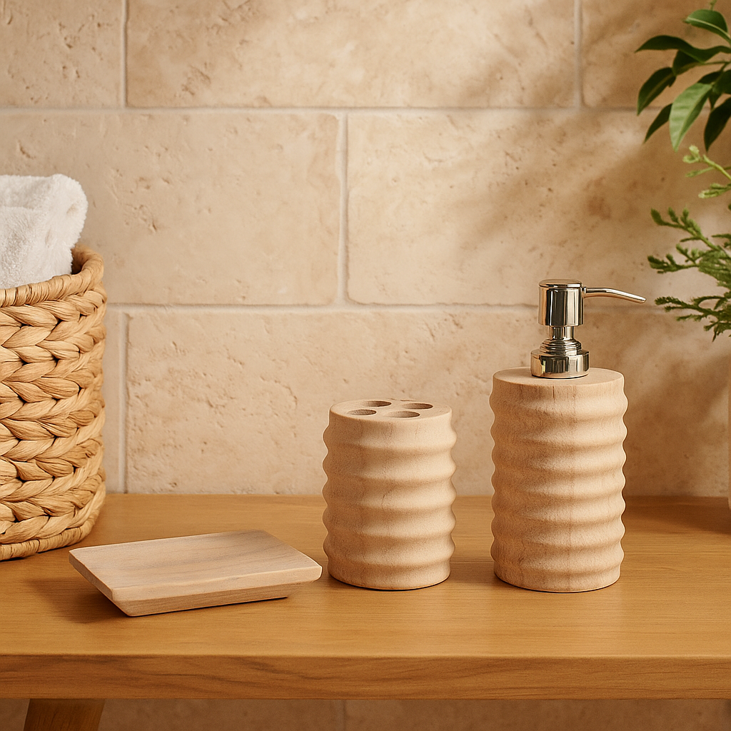 Sandstone ribbed bath set in spa-inspired bathroom niche