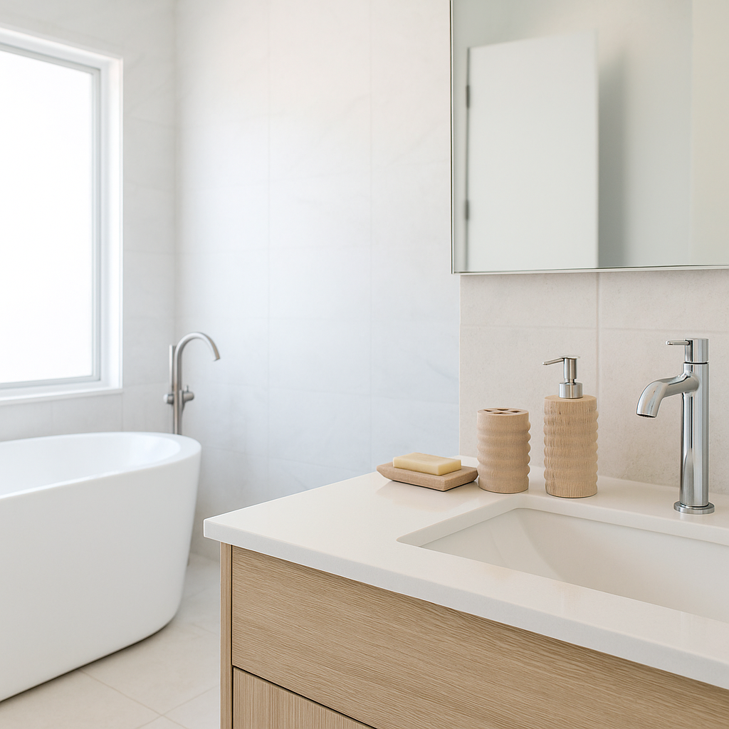 Sandstone bath accessories set in bathroom display