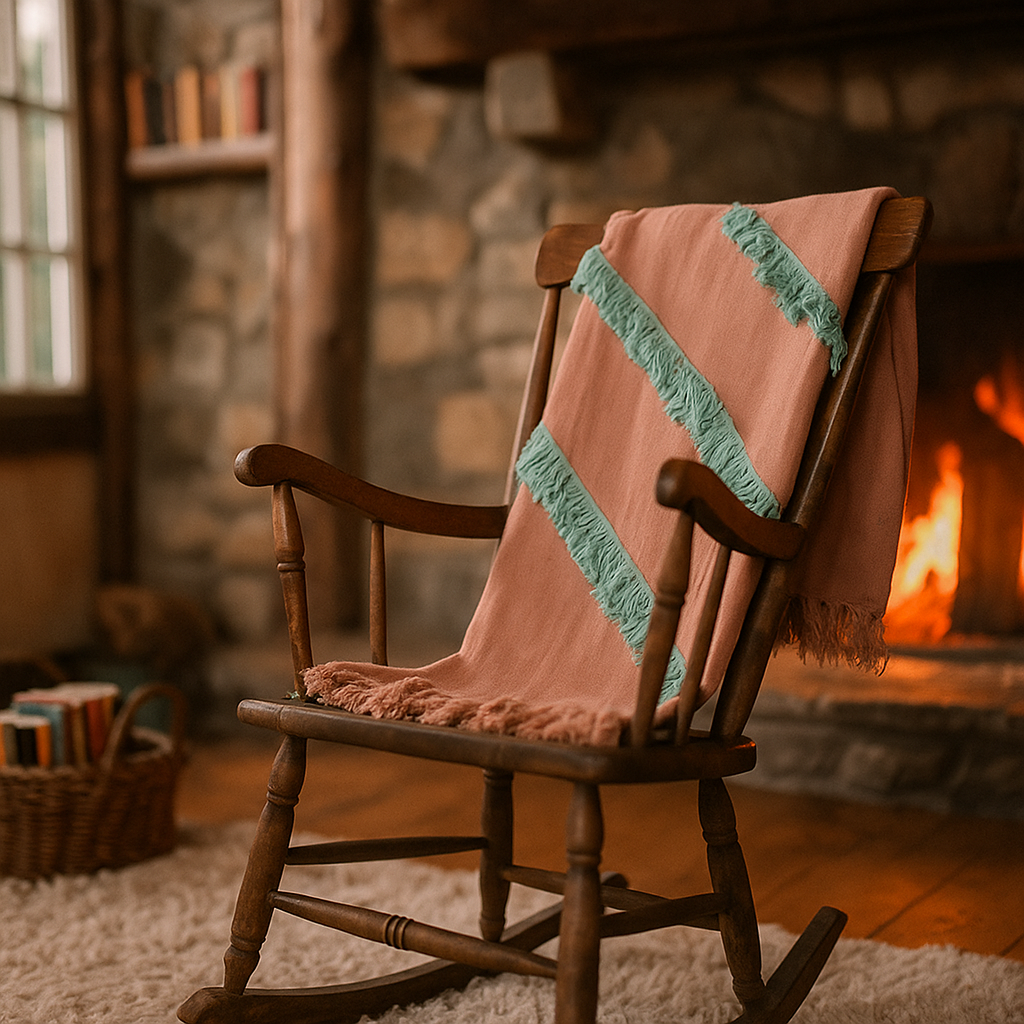 Dusty pink throw blanket on a sofa
