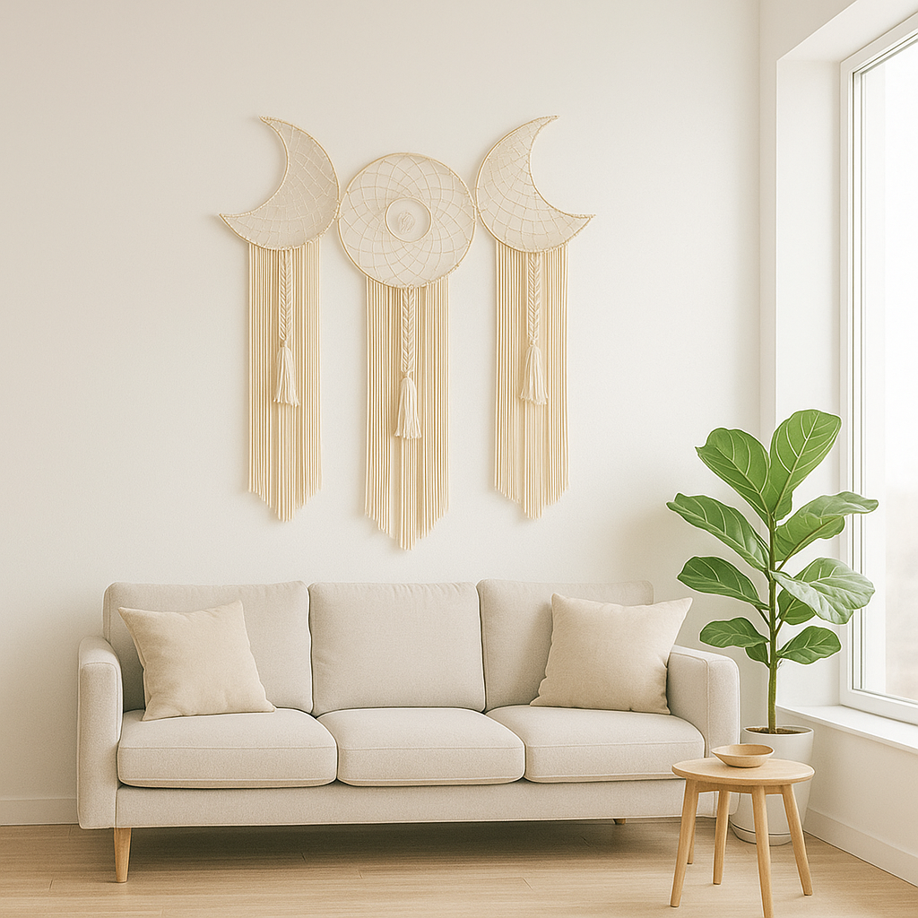Macrame moon wall hanging detail of combed fringe