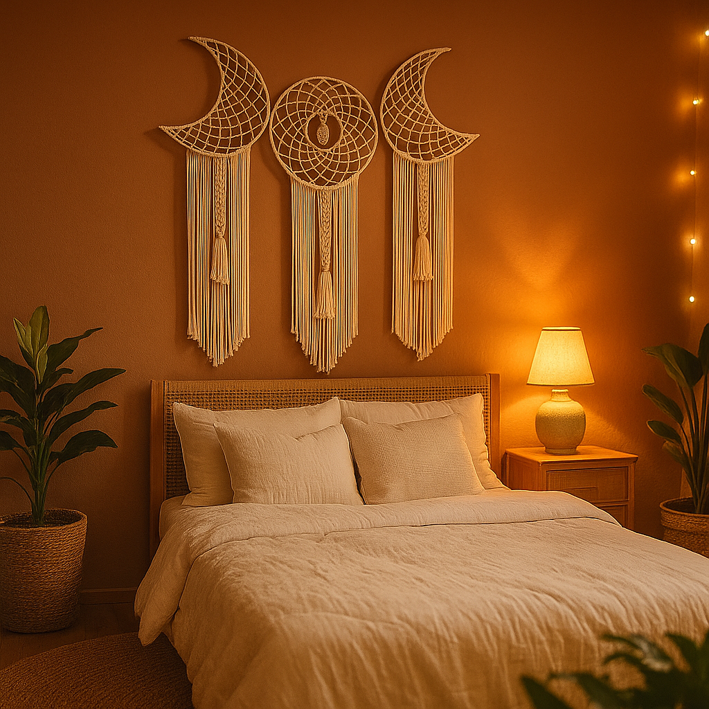 Macrame moon wall hanging shown at an angle