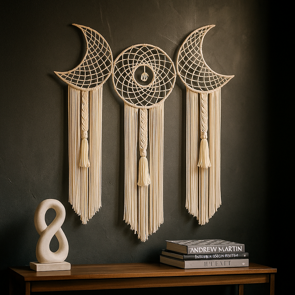 Macrame moon wall hanging styled above a bed