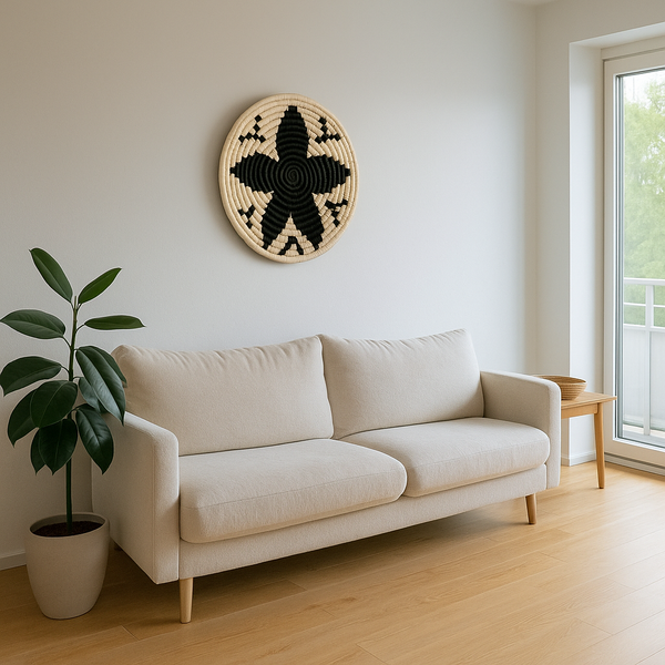 Black and White Floral Wall Plate | Handwoven Boho Wall Art