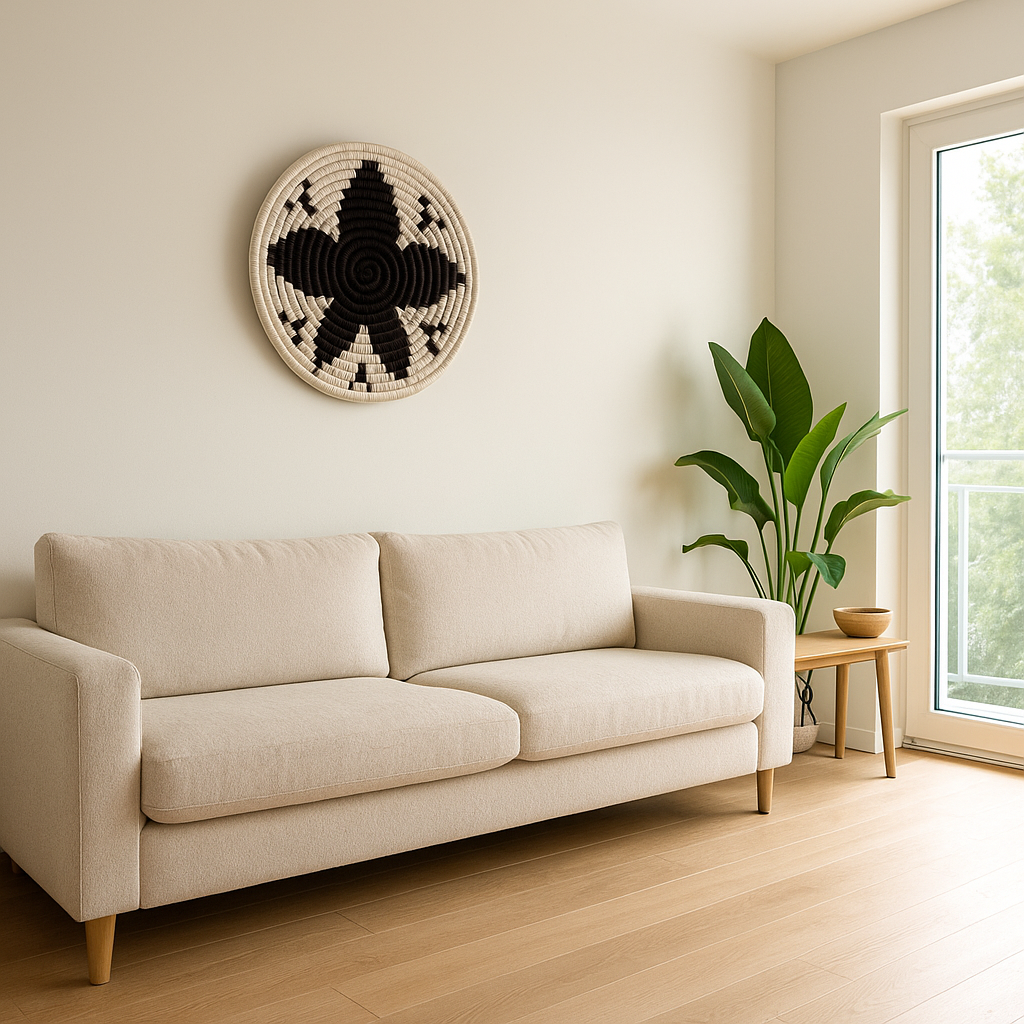 Black and white floral wall plate styled in a gallery wall cluster