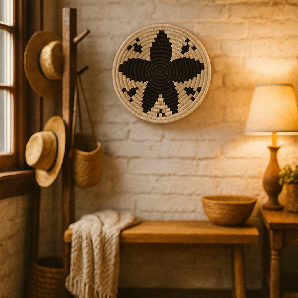 Black and white floral wall plate on a plain wall