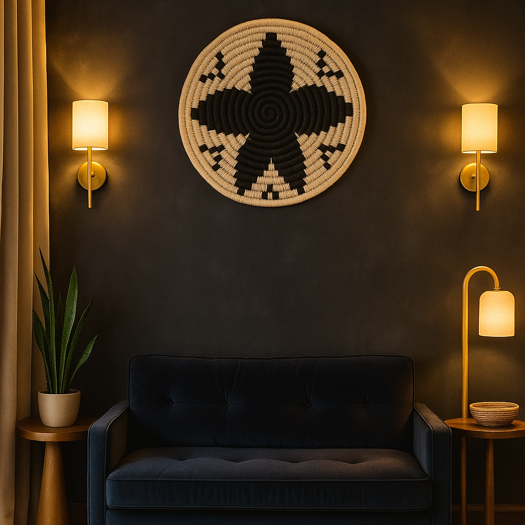 Black and white floral wall plate in a styled hallway