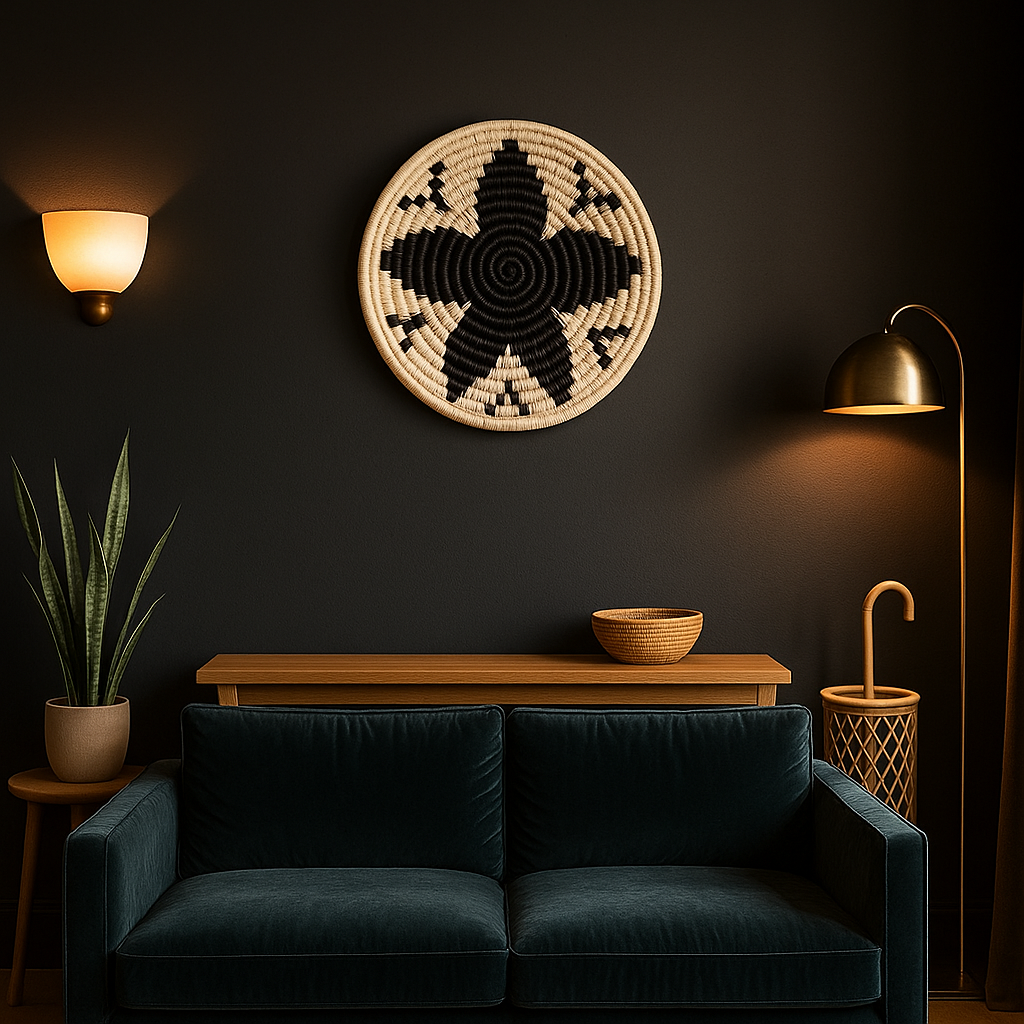 Black and white floral wall plate top-down view