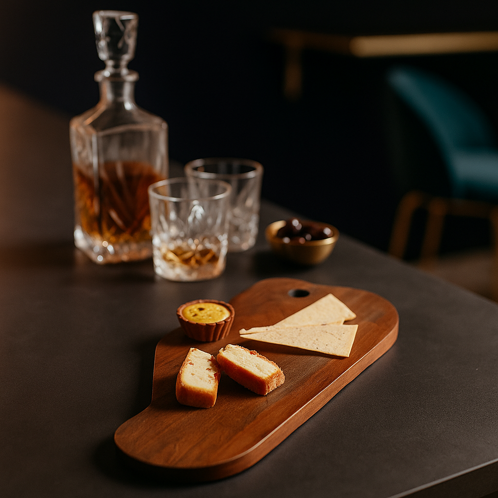 Acacia serving board styled with food
