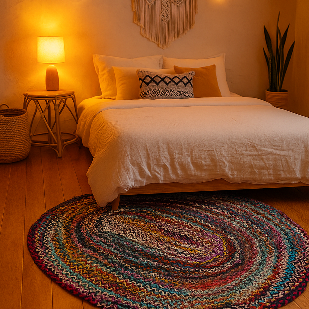 Handwoven Upcycled floor Cotton Rug styled at home