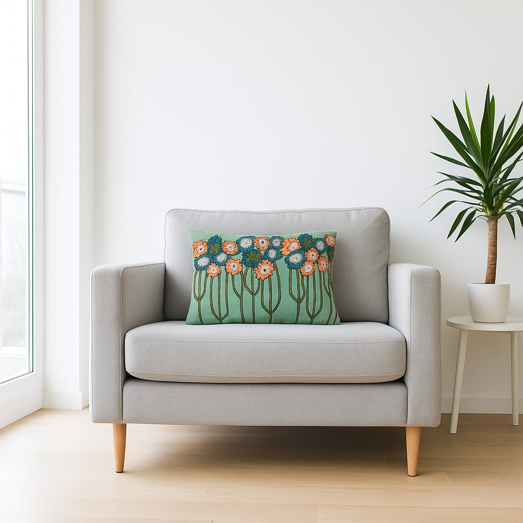 Floral embroidered cushion angled view