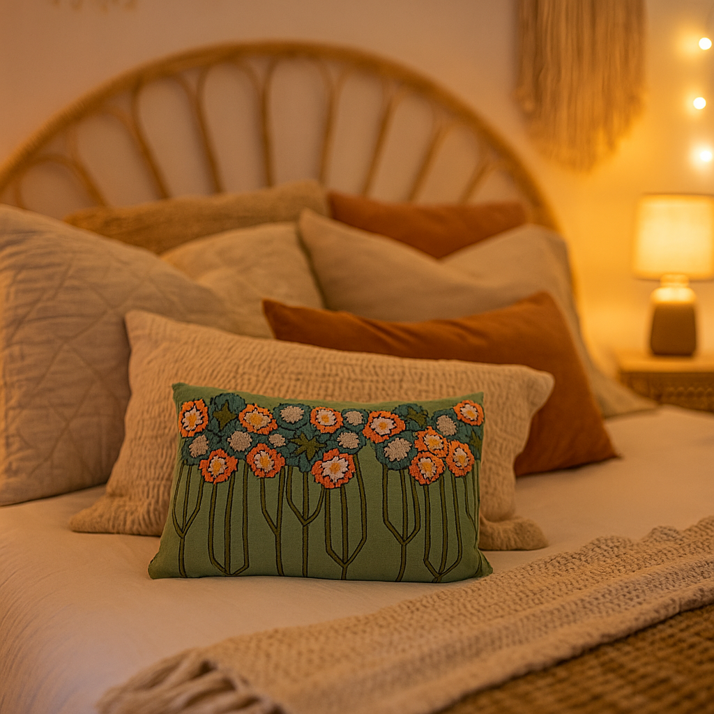 Floral embroidered cushion back view