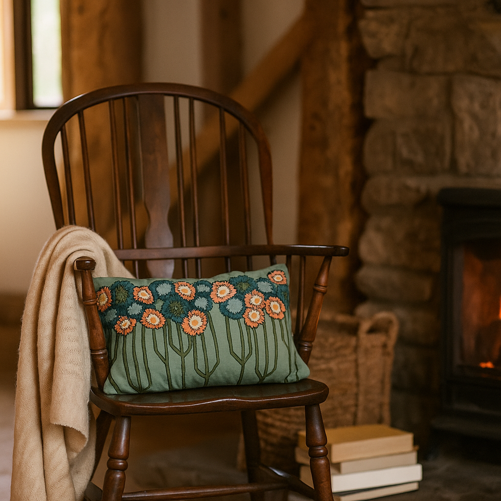 Floral embroidered cushion on sofa