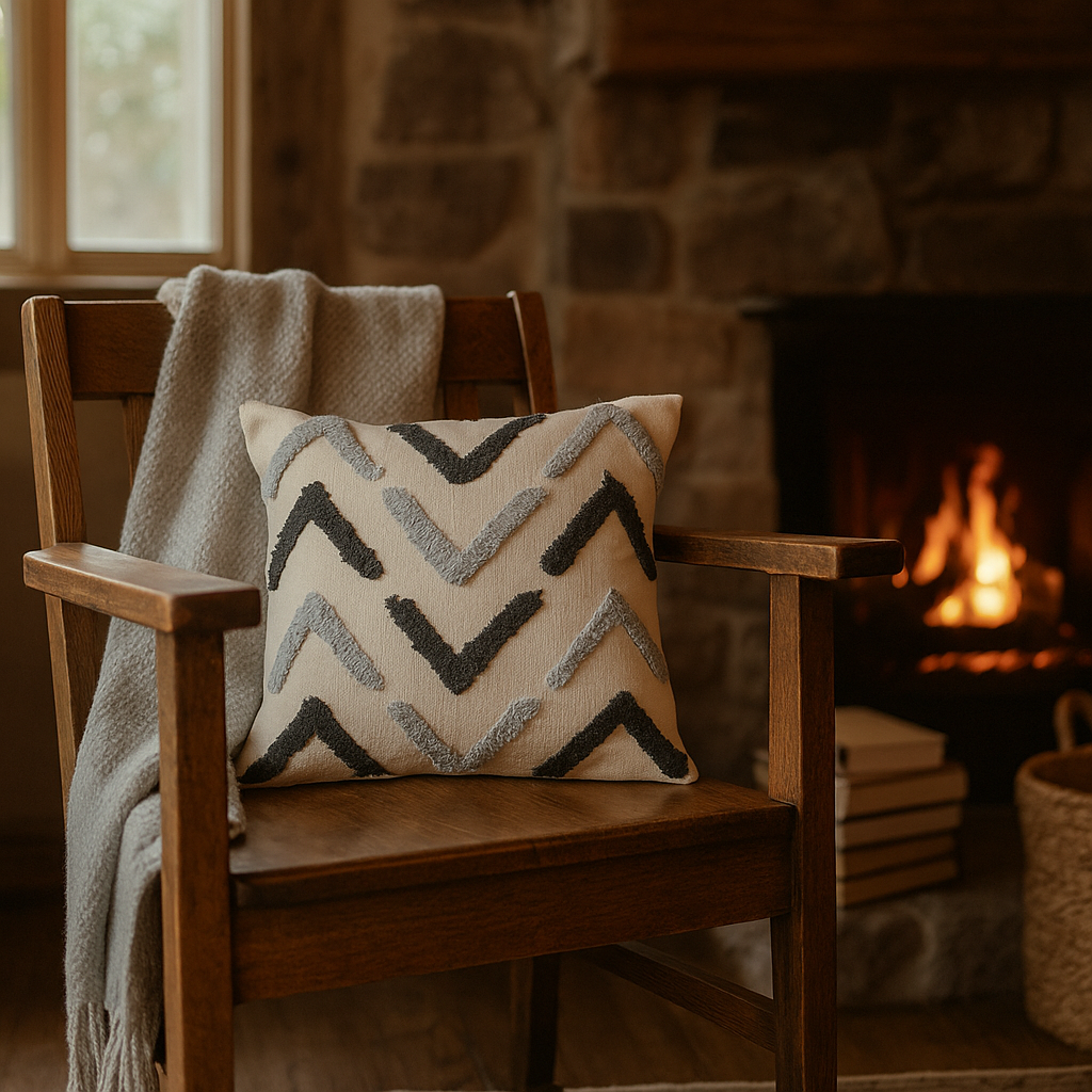 Close-up detail of the grayscale tufted cushion cover