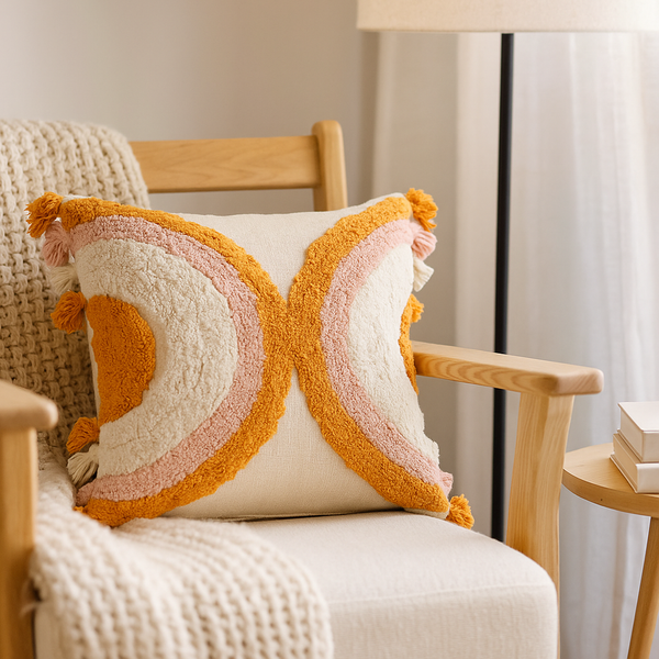 Rainbow Tufted Cushion Cover | Handcrafted Tasseled Cotton Boho Decor