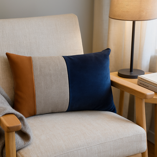 Leather Velvet Cushion Cover | Hand-Stitched Lumbar Boho Decor