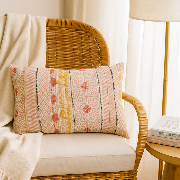 Maximal Lumbar Cushion Cover | Block Printed Embroidered Cotton Decor