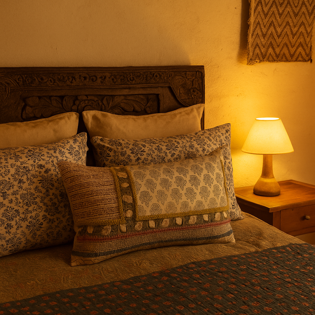 Geometric floral lumbar cushion cover at an angle