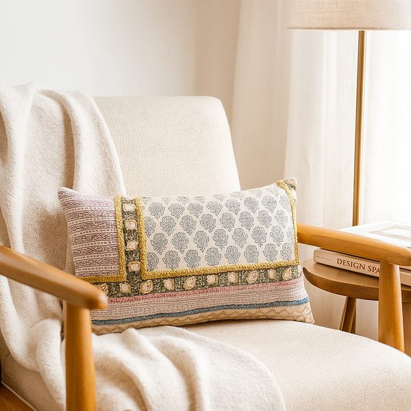 Geometric Floral Lumbar Cushion Cover | Block Printed Cotton Decor