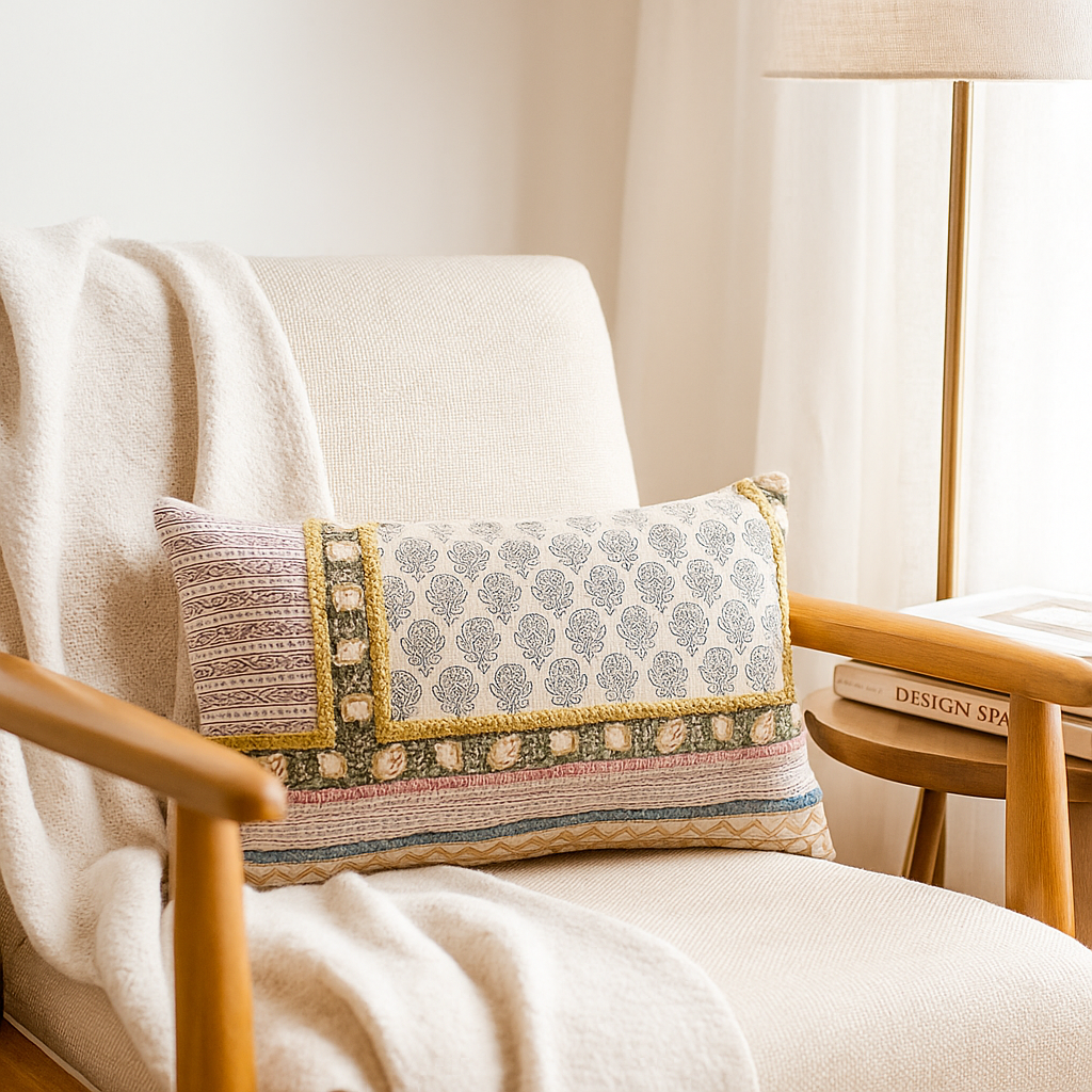 Geometric floral lumbar cushion cover hand block printed by Gleemium