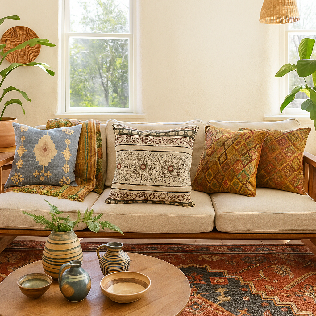 Maximal floral cushion cover styled on a sofa