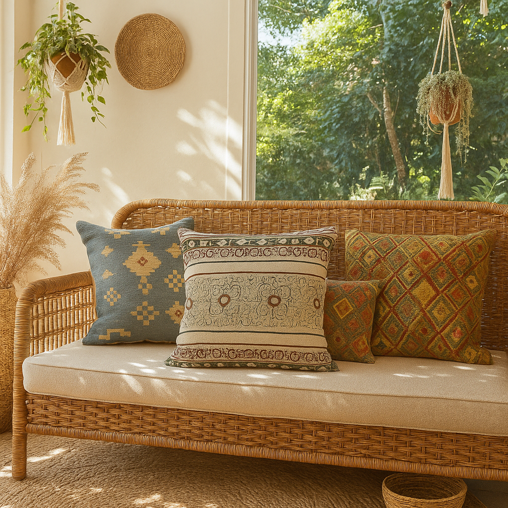 Maximal floral cushion cover detail of block print