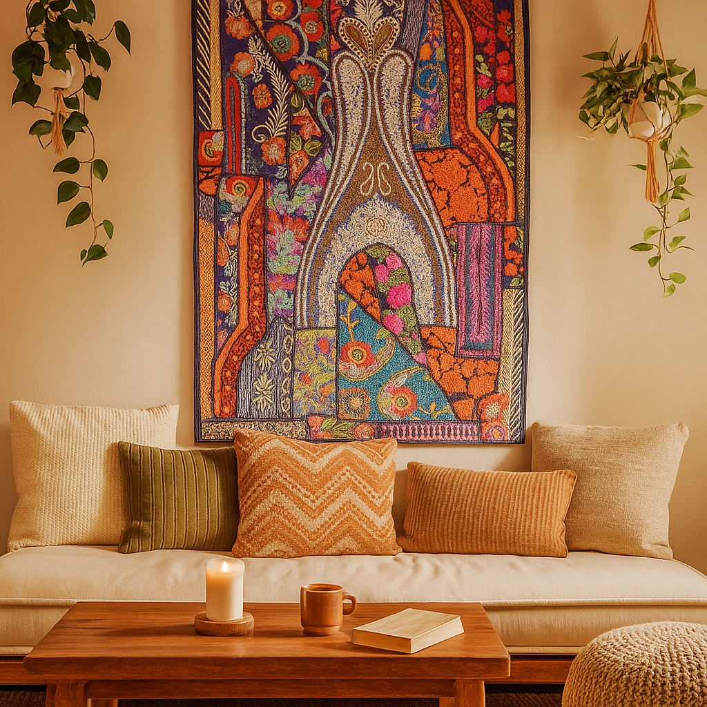 Upcycled fabric wall hanging styled in an eclectic boho corner