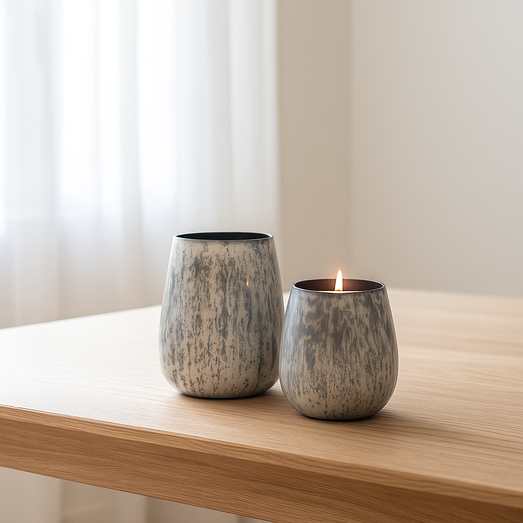 Monochrome votives on minimalist dining table