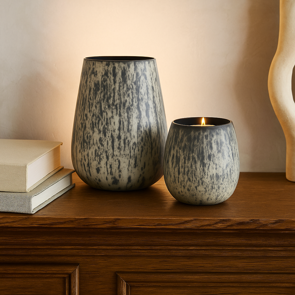 Monochrome black and white textured glass votives set of 2, 4.25x4.25x5.25 inches