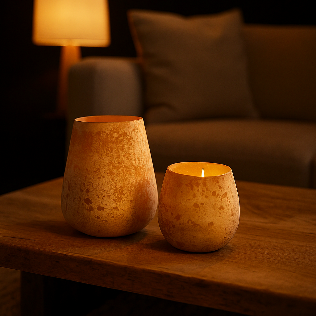 Orange glass votives in cozy candlelit dining setting