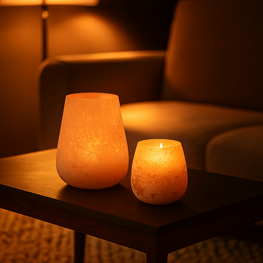 Abstract orange glass votives glowing with tealight inside