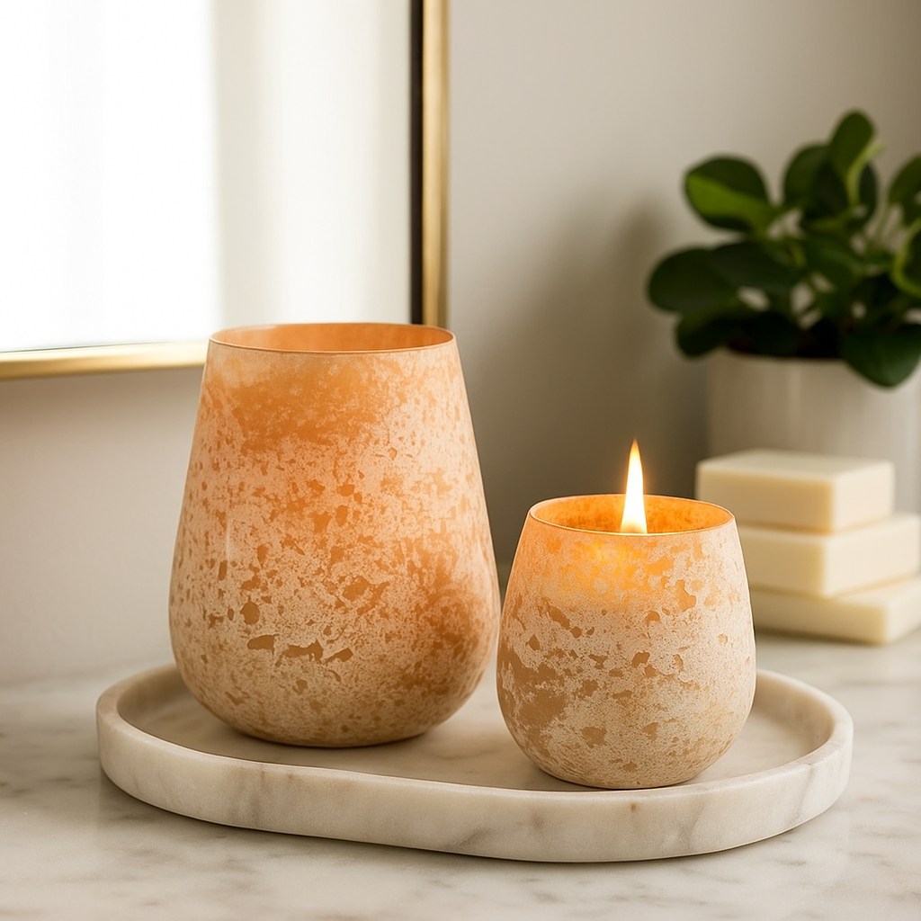 Handblown orange votives on minimalist shelf