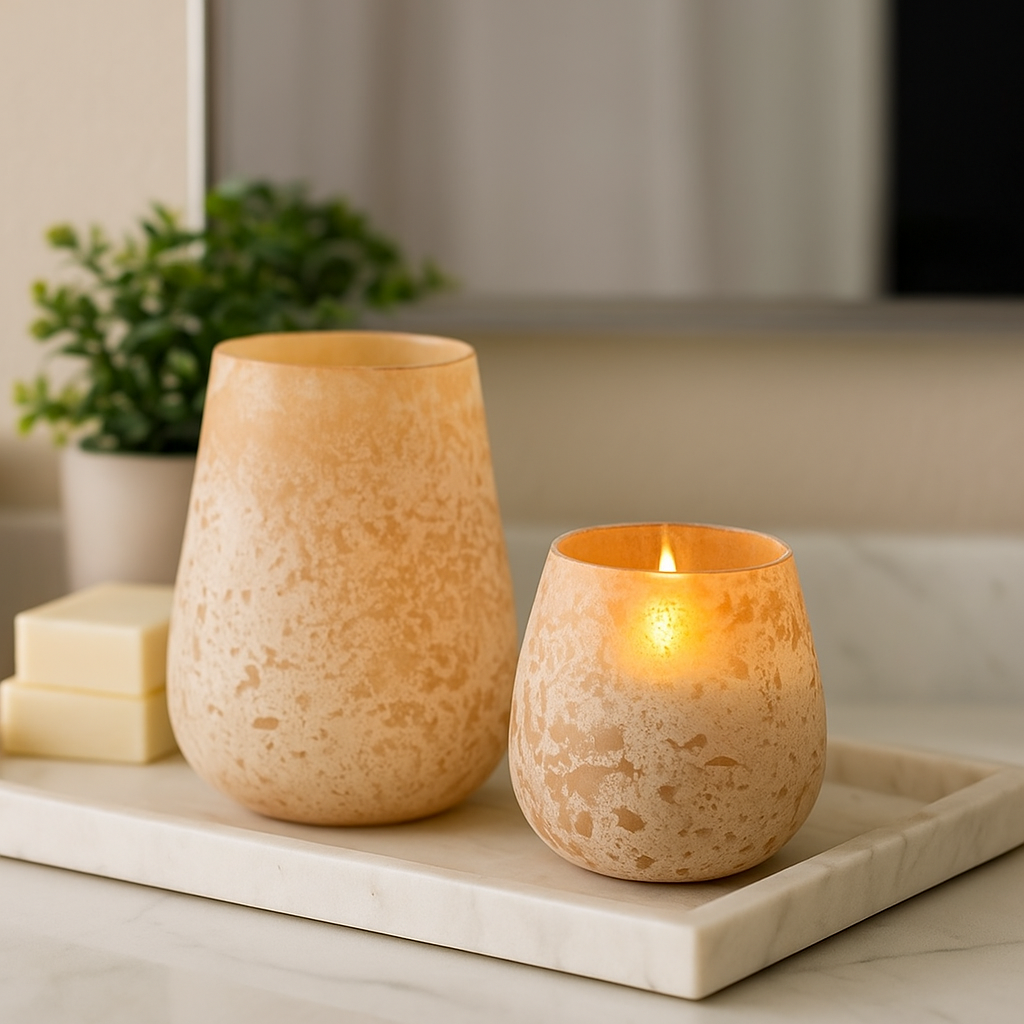 Orange glass votives close-up of abstract textured surface