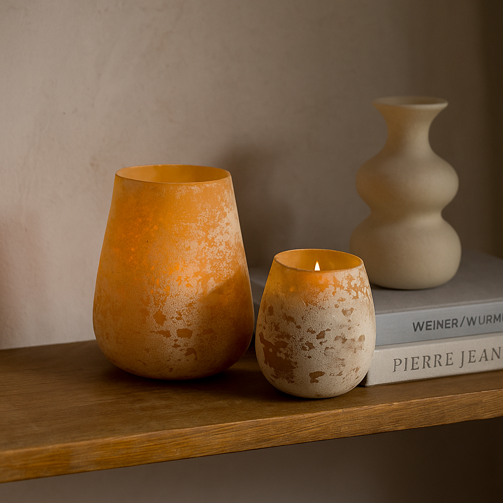 Handblown orange votives styled on dining table