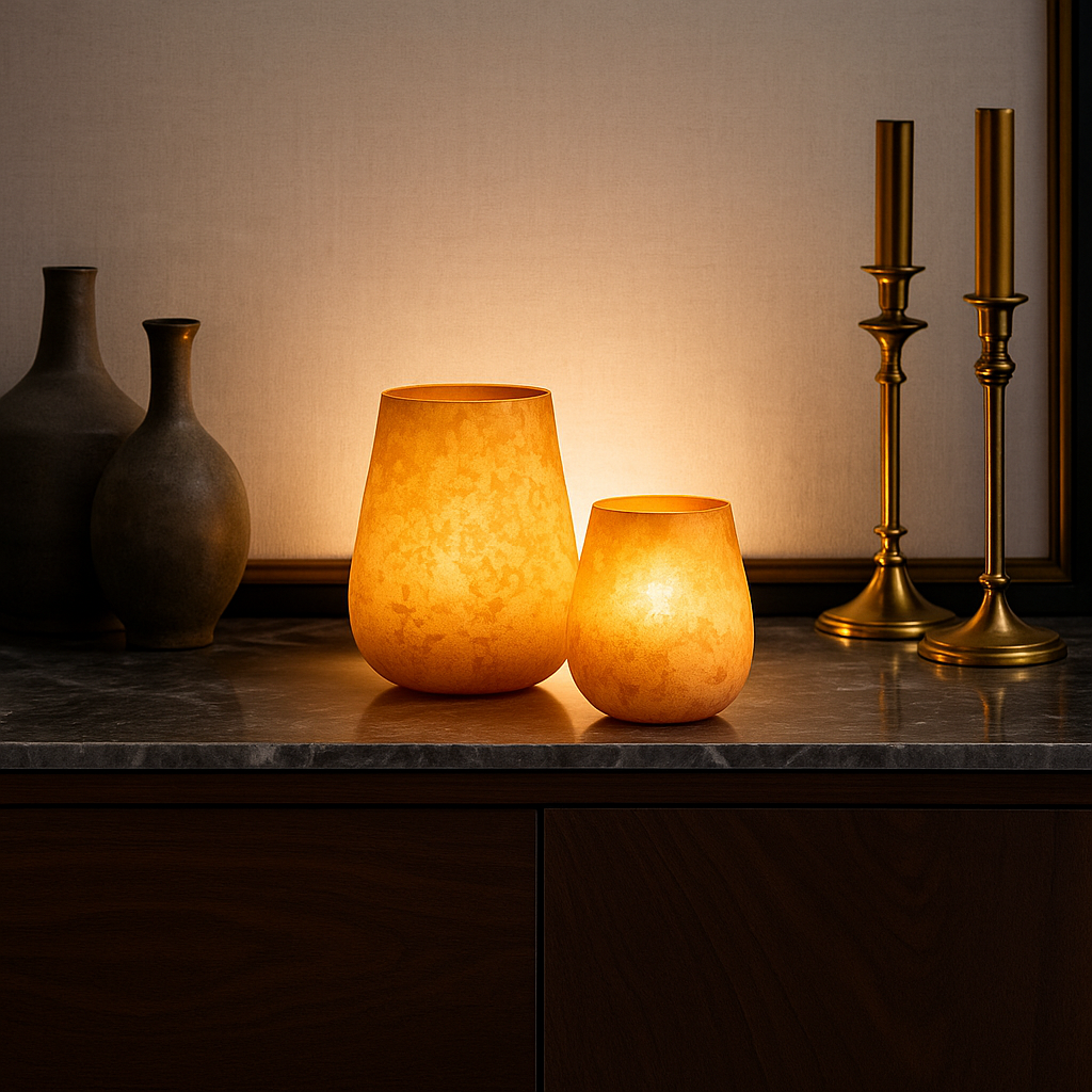 Abstract orange votives set in luxury dining scene