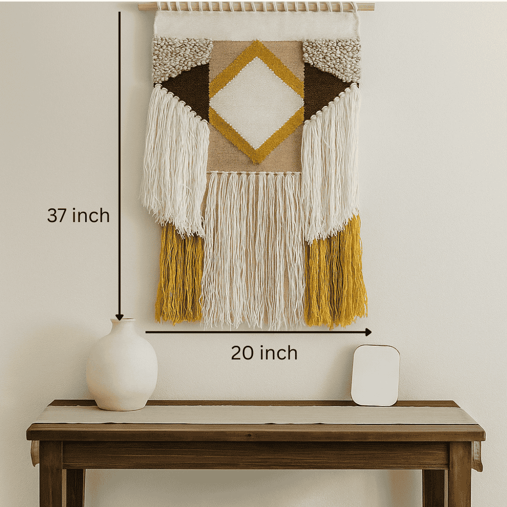 Diamond tufted wool wall hanging above a console table