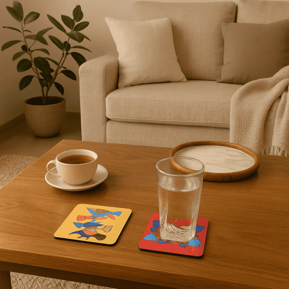 Madhubani fish coasters MDF detail