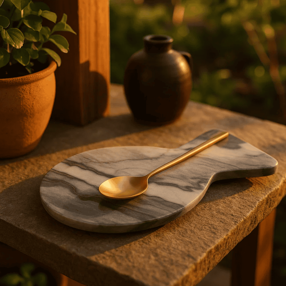 Grey marble spoon rest with spoon