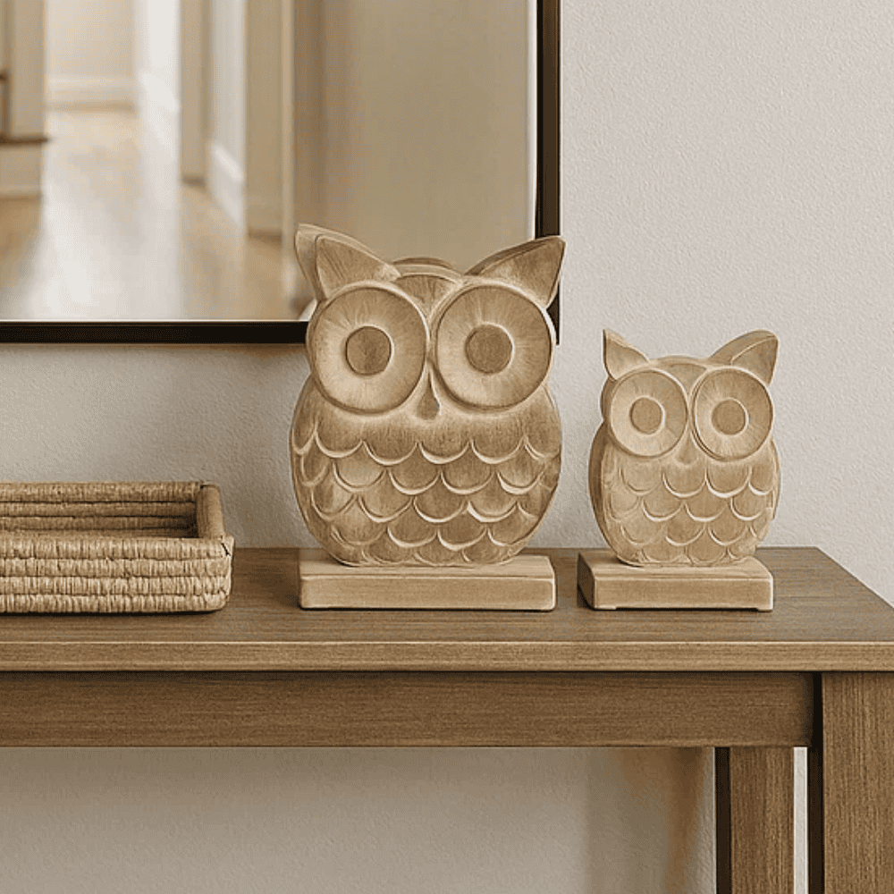 Handcarved owl decor at an angle