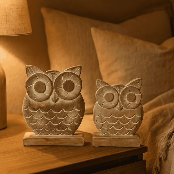 Handcarved Owl Decor | Wooden Rustic Set of 2 Tabletop