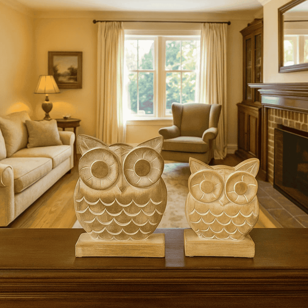 Handcarved owl decor on a shelf