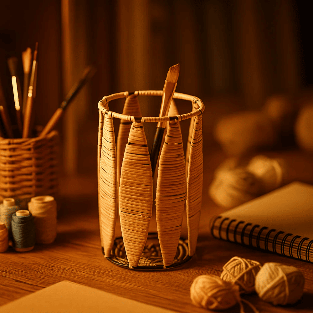 Rustic pen stand close-up of cane wrap