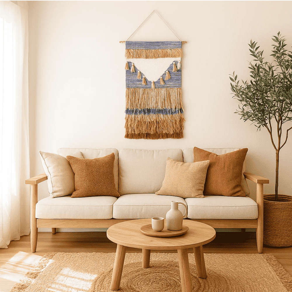 Mediterranean cotton wall hanging close-up showing handwoven texture