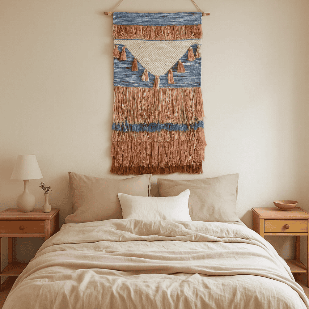 Mediterranean cotton wall hanging detail of long fringed lower edge