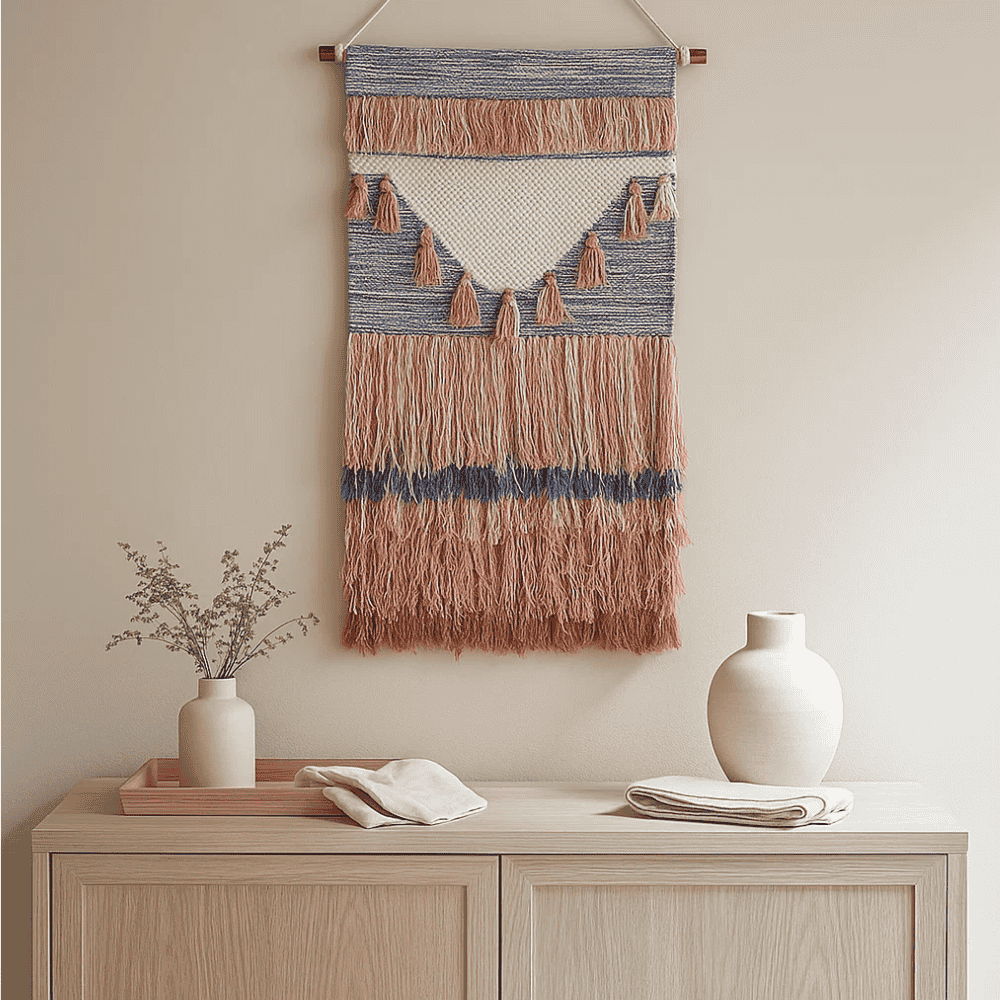 Mediterranean cotton wall hanging handwoven with coastal motifs by Gleemium